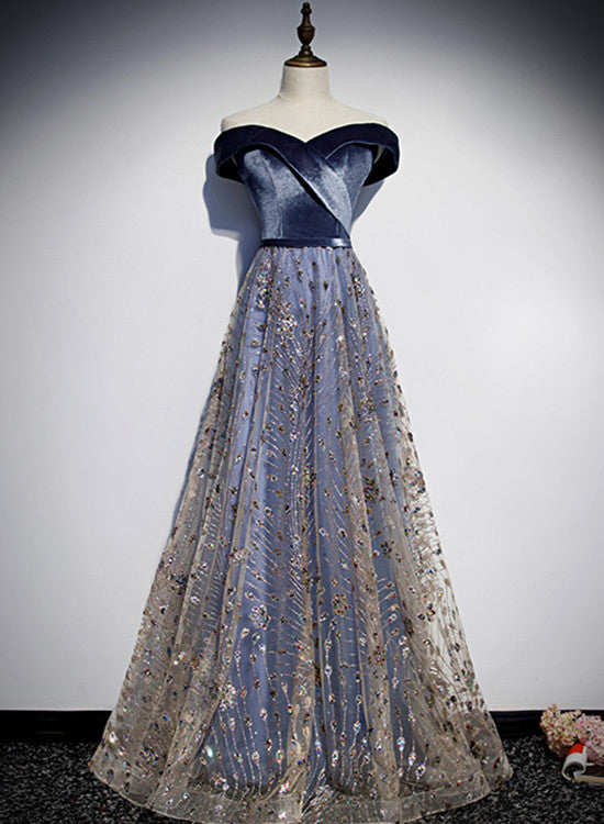 Beautiful Blue-Grey Tulle with Velvet Long Prom Dress,Bridesmaid Dress Cutedressy Beautiful Blue-Grey Tulle with Velvet Long Prom Dress,Bridesmaid Dress Cutedressy