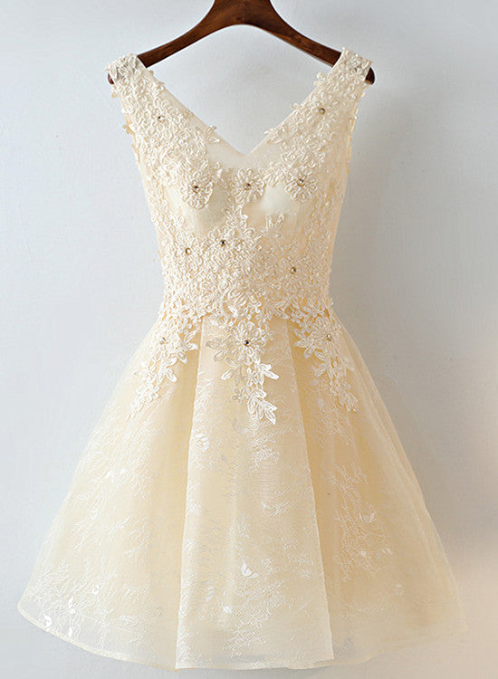 Cute Light Champagne Lace Knee Length Party Dress, Short Prom Dress Cutedressy Cute Light Champagne Lace Knee Length Party Dress, Short Prom Dress Cutedressy