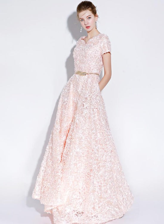 Pink Lace A-line Cap Sleeves Floor Length Party Dress, A-line Pink Pro