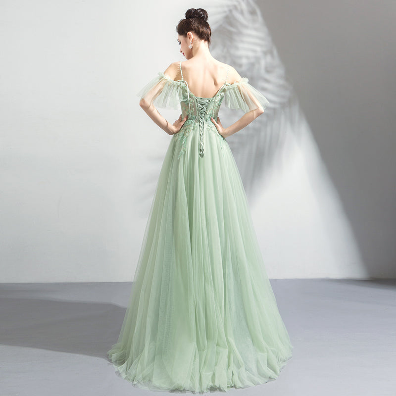 Light Green Lace Flowers V-neckline Straps Long Tulle Prom Dress, A-line Evening Dress Party Dress