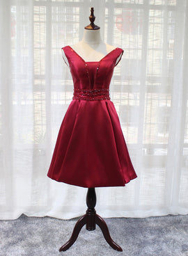 Beautiful Dark Red Satin V-neckline Party Dress, Charming Short Homecoming Dress