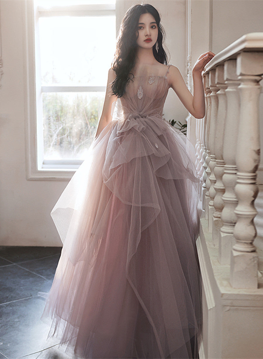 Pink Tulle Straps Long Formal Dress, Dark Pink A-line Prom Dress Cutedressy Pink Tulle Straps Long Formal Dress, Dark Pink A-line Prom Dress Cutedressy