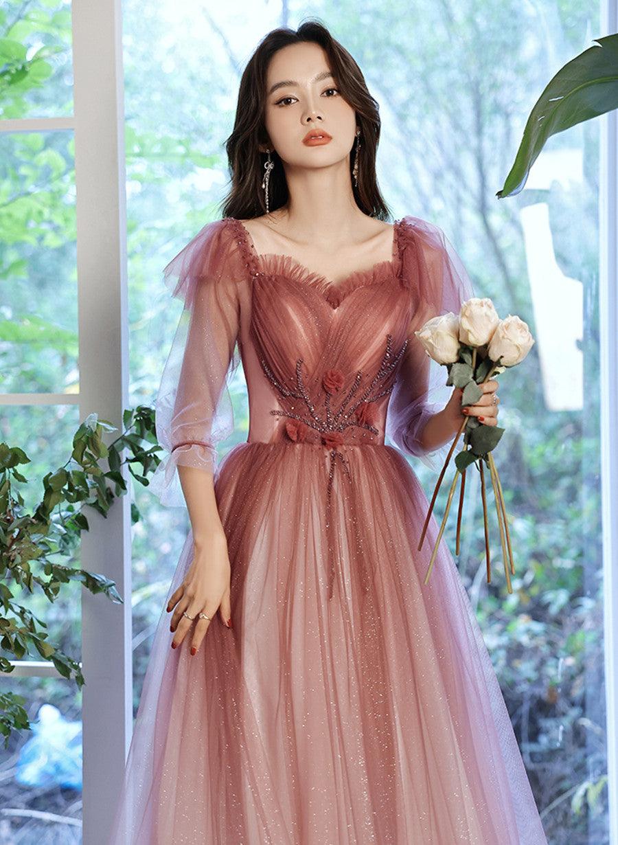 Pink Gradient Tulle A-line Puffy Sleeves Party Dress, Pink Long Prom D Cutedressy Pink Gradient Tulle A-line Puffy Sleeves Party Dress, Pink Long Prom D Cutedressy