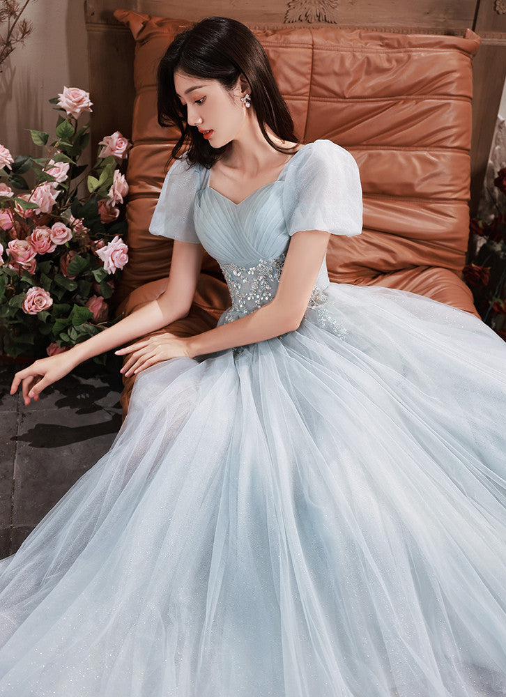 Light Blue Short Sleeves Beaded Tulle Long Formal Dress, Blue A-line P Cutedressy Light Blue Short Sleeves Beaded Tulle Long Formal Dress, Blue A-line P Cutedressy