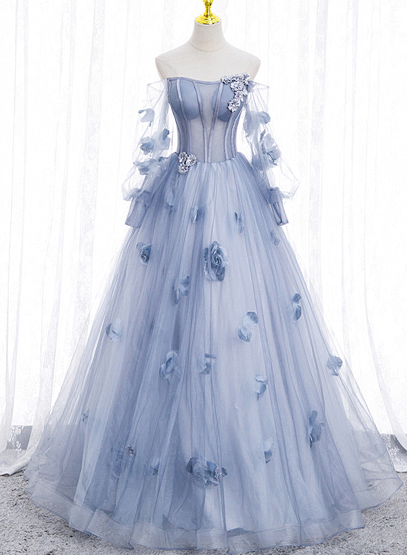 Light Blue Tulle Long Sleeves with Flowers, Blue Junior Prom Dresses Light Blue Tulle Long Sleeves with Flowers, Blue Junior Prom Dresses