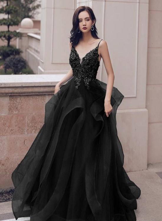 Black Tulle Formal Gown Tulle Maxi Dress Black Tulle V-neckline