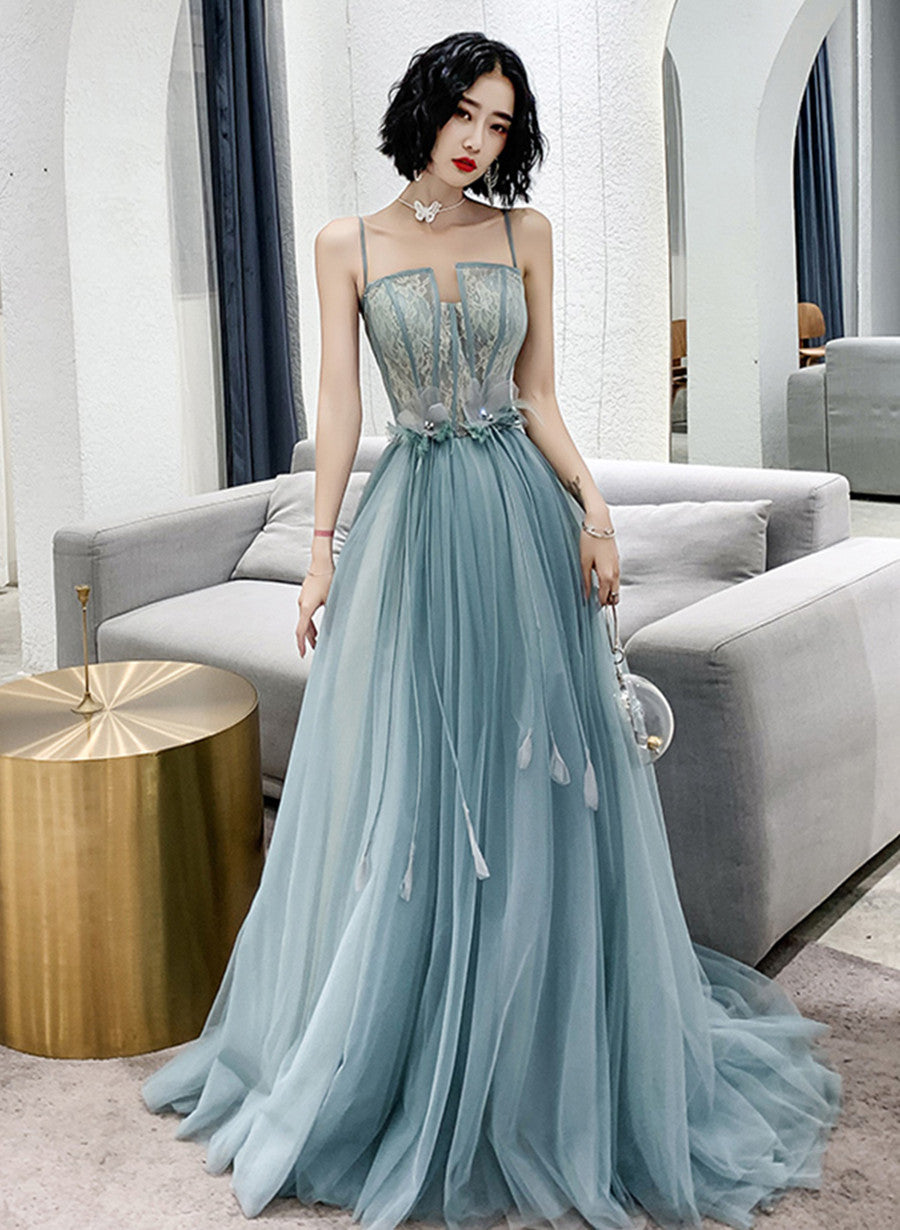 Blue Tulle A-line Long Party Dress with Straps, Blue Long Prom Dress Cutedressy Blue Tulle A-line Long Party Dress with Straps, Blue Long Prom Dress Cutedressy