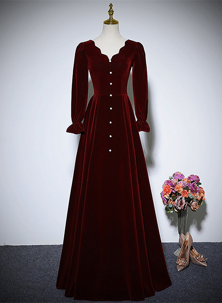 Wine Red Velvet Long Sleeves Wedding Party Dress, A-line Velvet Prom D Wine Red Velvet Long Sleeves Wedding Party Dress, A-line Velvet Prom D