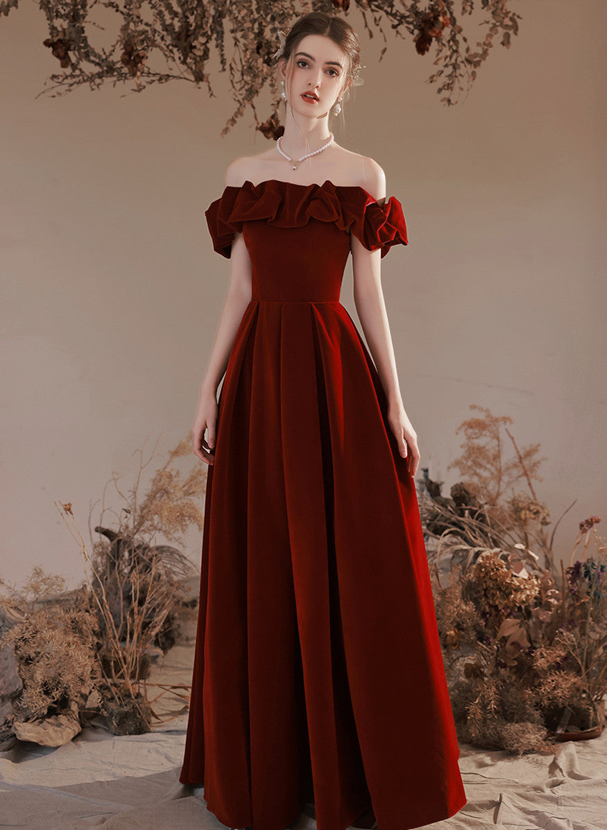 Off Shoulder Simple Velvet Long Evening Dress Prom Dress, Dark Red For Cutedressy Off Shoulder Simple Velvet Long Evening Dress Prom Dress, Dark Red For Cutedressy