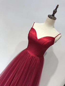 Beautiful Wine Red Straps Beaded Tea Length Wedding Party Dress, Prom Dress