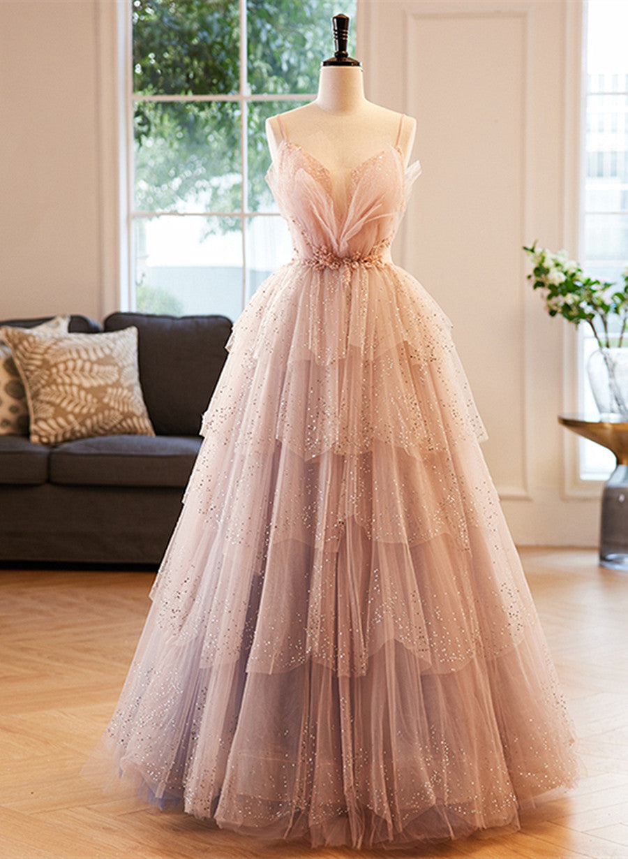 Glam Pink Tulle Straps Beaded Long Party Dress, A-line Pink Formal Dre Cutedressy Glam Pink Tulle Straps Beaded Long Party Dress, A-line Pink Formal Dre Cutedressy