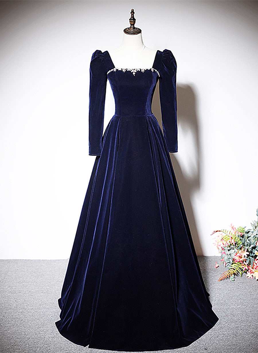 Navy Blue Velvet Long Sleeves Beaded Formal Dress, Blue A-line Prom Dr Cutedressy Navy Blue Velvet Long Sleeves Beaded Formal Dress, Blue A-line Prom Dr Cutedressy