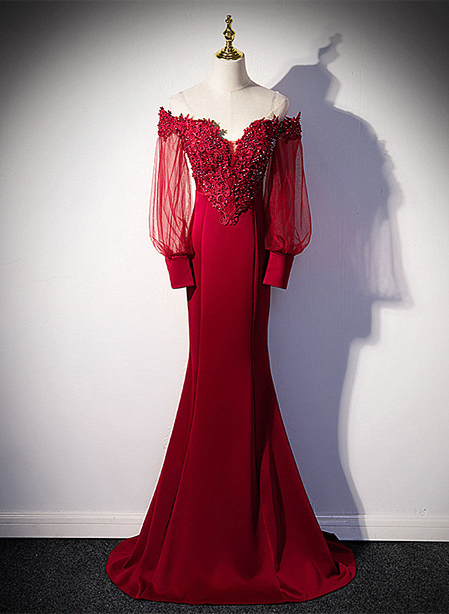 Burgundy Mermaid Long Sleeves Spandex with Lace Prom Dress, Burgundy W Cutedressy Burgundy Mermaid Long Sleeves Spandex with Lace Prom Dress, Burgundy W Cutedressy