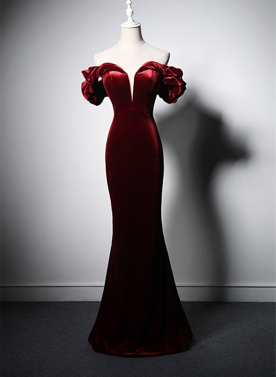 Wine Red Velvet Off Shoulder Mermaid Long Prom Dress, Long Lace-up Eve Cutedressy Wine Red Velvet Off Shoulder Mermaid Long Prom Dress, Long Lace-up Eve Cutedressy