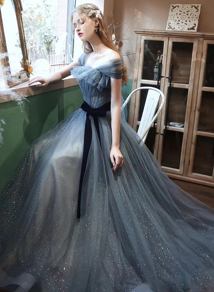 Blue Off Shoulder Tulle Long Evening Dress, A-line Tulle Party Dresses Cutedressy Blue Off Shoulder Tulle Long Evening Dress, A-line Tulle Party Dresses Cutedressy