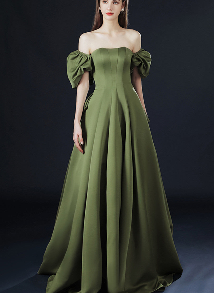Green Satin Long Party Dress with Short Sleeves, Green A-line Low Back Cutedressy Green Satin Long Party Dress with Short Sleeves, Green A-line Low Back Cutedressy