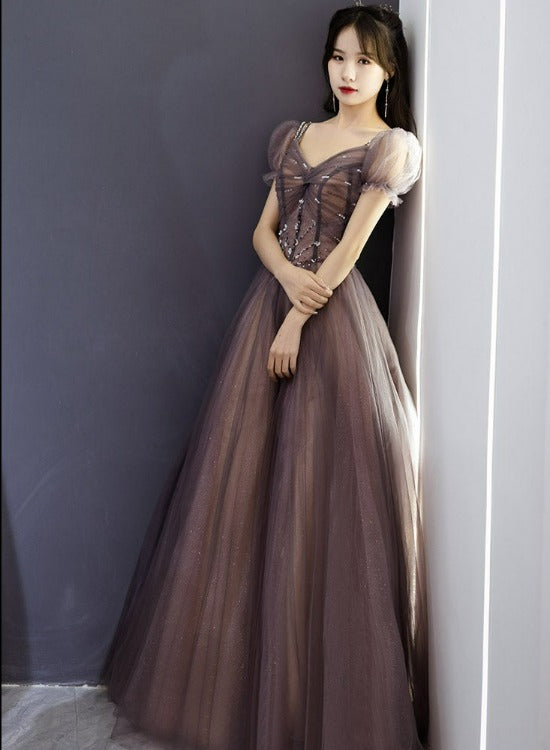 Beautiful Long Tulle Short Sleeves Beaded Junior Prom Dress, A-line Ev Beautiful Long Tulle Short Sleeves Beaded Junior Prom Dress, A-line Ev
