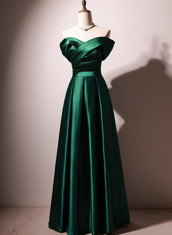 Beautiful Green Satin A-line Off Shoulder Prom Dresses, Green Evening Cutedressy Beautiful Green Satin A-line Off Shoulder Prom Dresses, Green Evening Cutedressy
