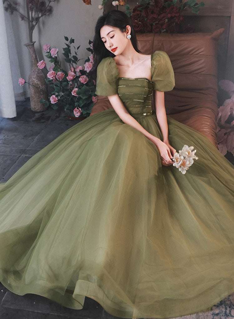 Green Puffy Short Sleeves Tulle Prom Party Dress, Green Evening Dresse Green Puffy Short Sleeves Tulle Prom Party Dress, Green Evening Dresse