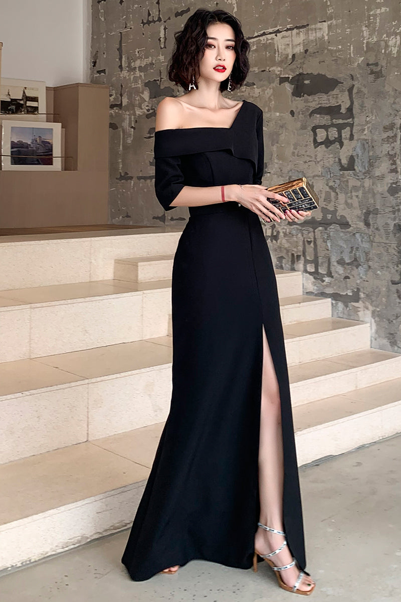 Black One Shoulder Slit Long Evening Dress, Black Formal Dress Prom Dr