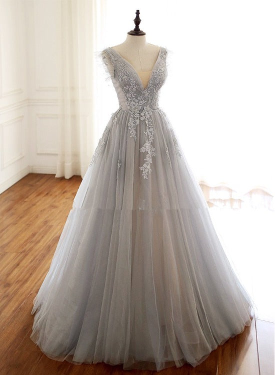 Grey Lace and Tulle V-neckline Long Party Dress Formal Dress, Grey New Cutedressy Grey Lace and Tulle V-neckline Long Party Dress Formal Dress, Grey New Cutedressy
