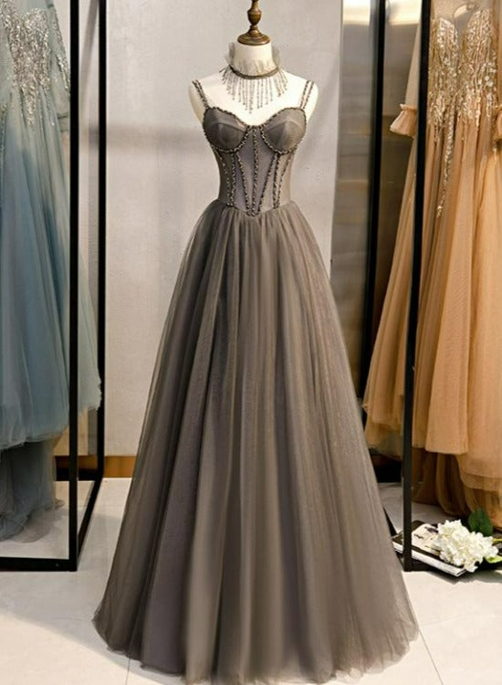 Glam Grey Beaded Tulle Long Evening Dress Party Dress, A-line Straps E Cutedressy Glam Grey Beaded Tulle Long Evening Dress Party Dress, A-line Straps E Cutedressy
