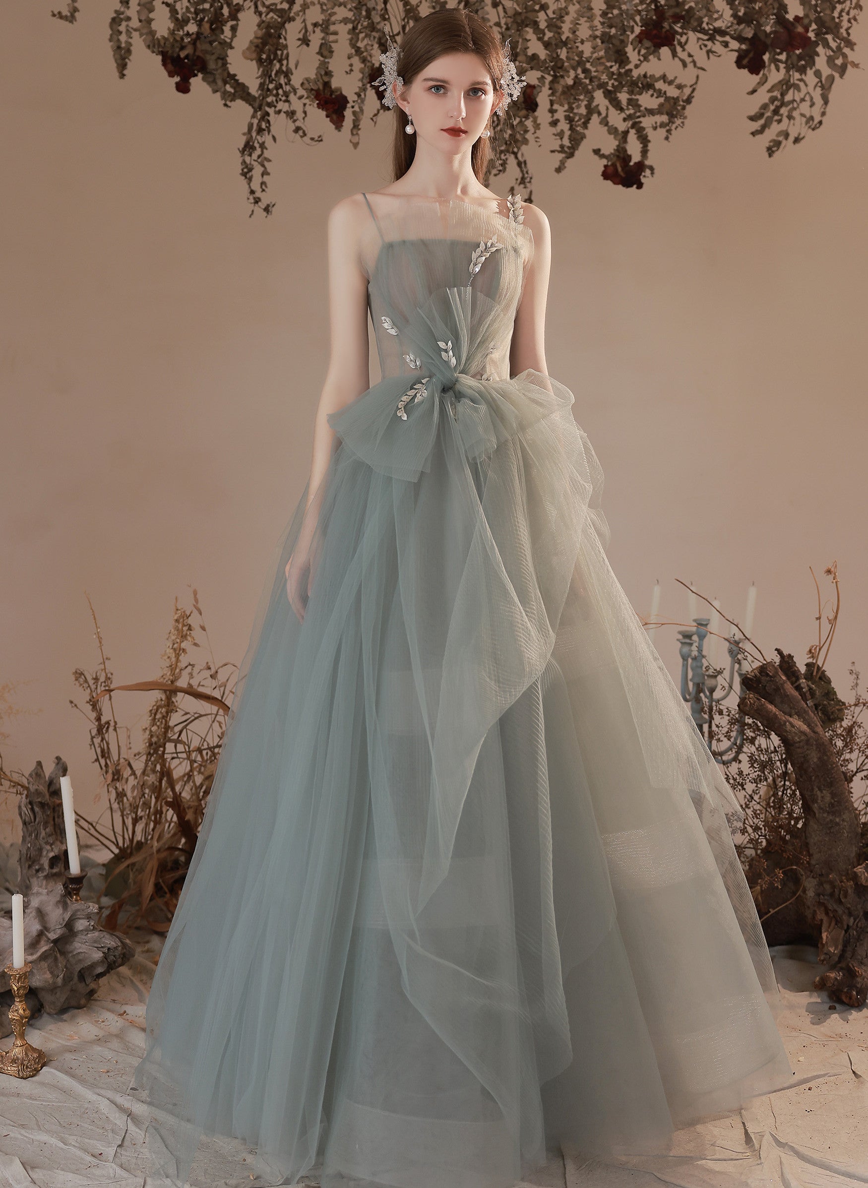 Light Green Tulle with Lace Long Junior Prom Dress, Green Formal Dress Cutedressy Light Green Tulle with Lace Long Junior Prom Dress, Green Formal Dress Cutedressy
