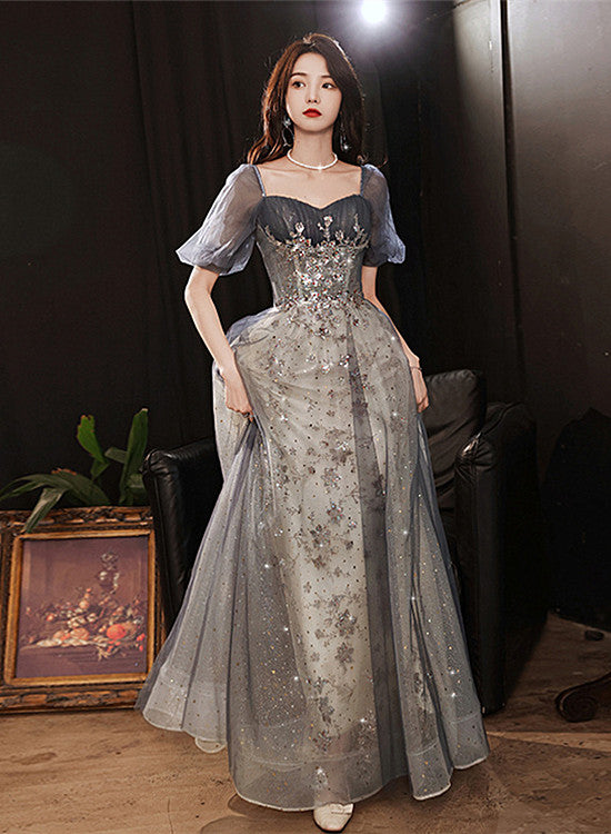 Elegant A-line Grey Tulle Short Sleeves Long Party Dress, Grey Evening Cutedressy Elegant A-line Grey Tulle Short Sleeves Long Party Dress, Grey Evening Cutedressy