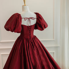 Wine Red Short Sleeves Floor Length Long Evening Dresses, Ball Gown Formal Dresses