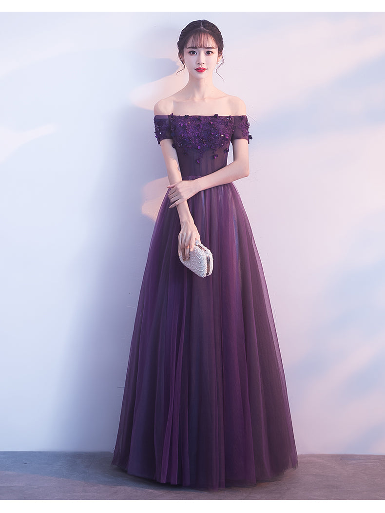 Off Shoulder Purple Tulle with Lace Applique Party Dress, Purple Prom Cutedressy Off Shoulder Purple Tulle with Lace Applique Party Dress, Purple Prom Cutedressy