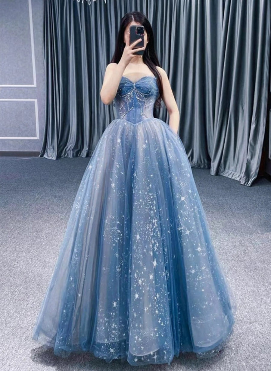 Blue Straps Beaded Tulle A-line Long Party Dress, Blue Fashionable Flo Cutedressy Blue Straps Beaded Tulle A-line Long Party Dress, Blue Fashionable Flo Cutedressy