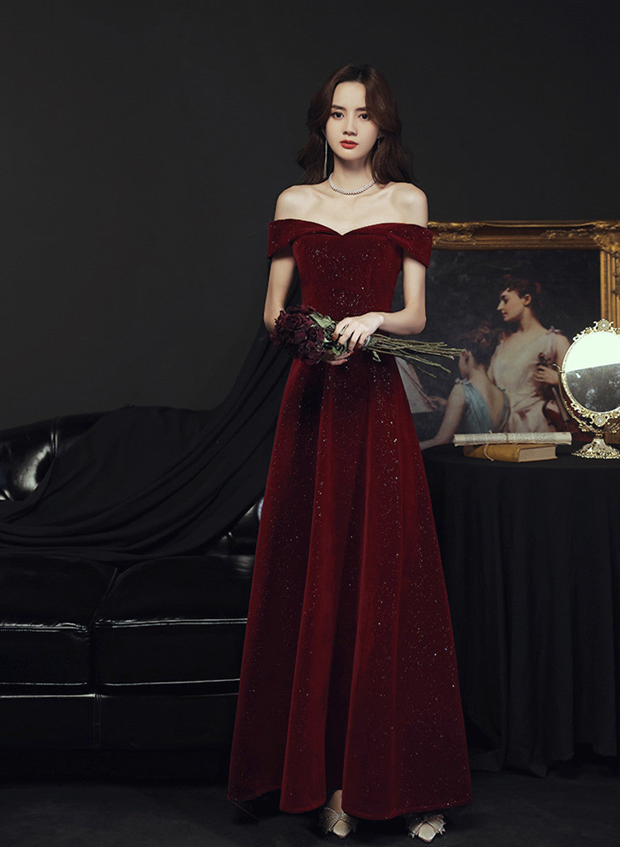 Wine Red Simple Velvet Off Shoulder Prom Dress, Wine Red Wedding Party Cutedressy Wine Red Simple Velvet Off Shoulder Prom Dress, Wine Red Wedding Party Cutedressy