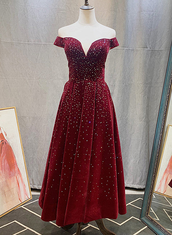 Cute Off Shoulder Velvet Tea Length Beaded Homecoming Dress, Short Pro Cutedressy Cute Off Shoulder Velvet Tea Length Beaded Homecoming Dress, Short Pro Cutedressy
