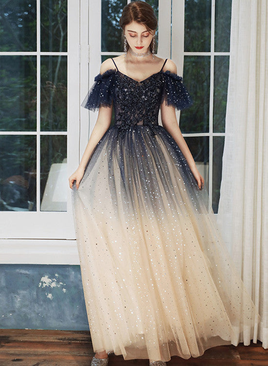 Blue and Champagne Gradient Off Shoulder Party Dress, A-line Long Prom Cutedressy Blue and Champagne Gradient Off Shoulder Party Dress, A-line Long Prom Cutedressy