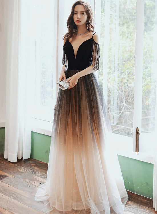 Black V-neckline Tulle Gradient A-line Prom Dress, Black Floor Length Cutedressy Black V-neckline Tulle Gradient A-line Prom Dress, Black Floor Length Cutedressy