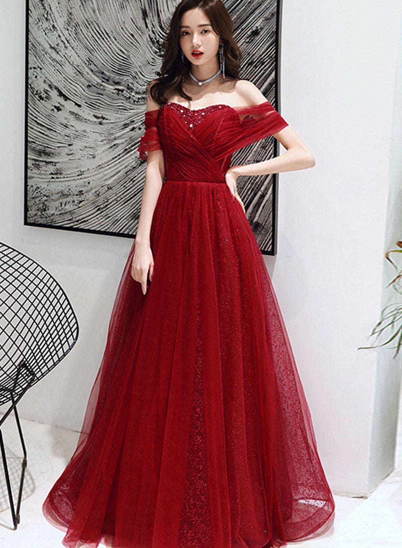 Wine Red Tulle Beaded Sweeetheart Long Evening Gown, Dark Red Prom Dre – Cutedressy Wine Red Tulle Beaded Sweeetheart Long Evening Gown, Dark Red Prom Dre – Cutedressy