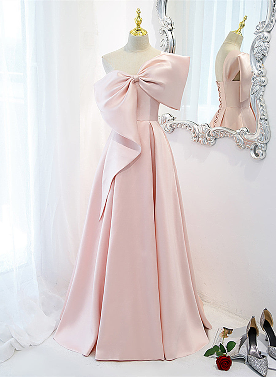 Pink Satin A-line Party Dress with Bow, One Shoulder Pink Prom Dress – Cutedressy Pink Satin A-line Party Dress with Bow, One Shoulder Pink Prom Dress – Cutedressy