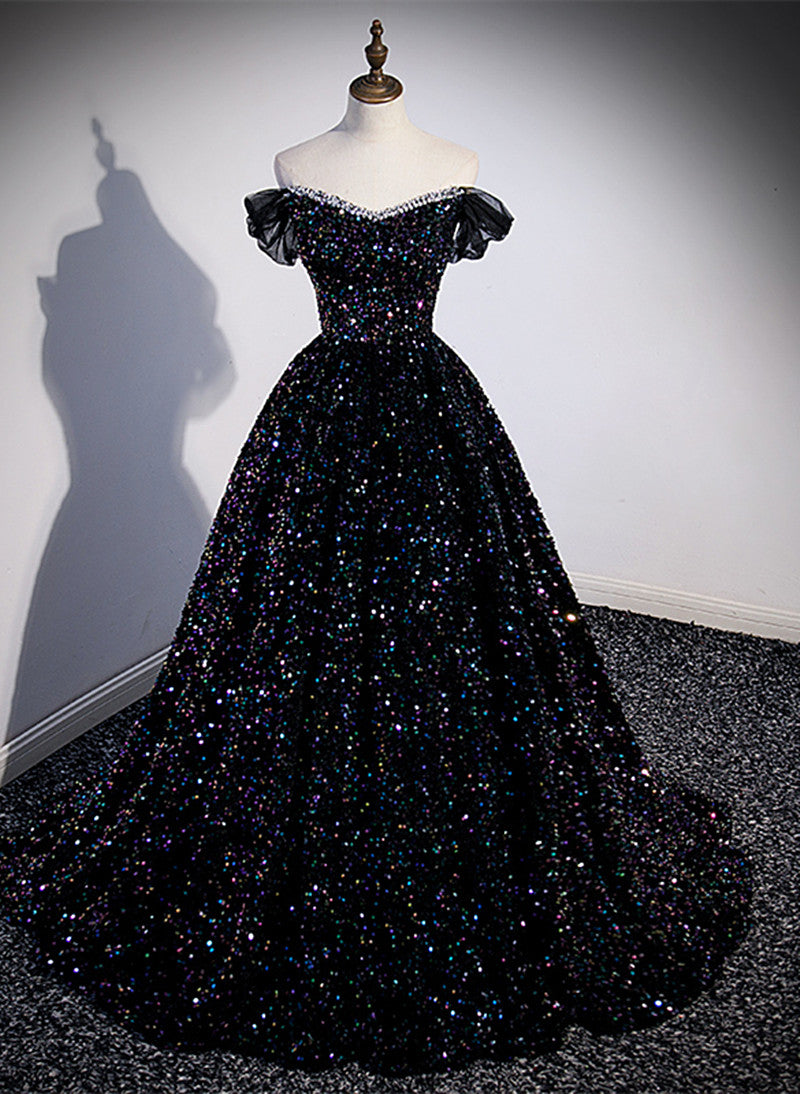 Black Off Shoulder Beaded Long Formal Dress, Black Shiny Sequins Eveni – Cutedressy