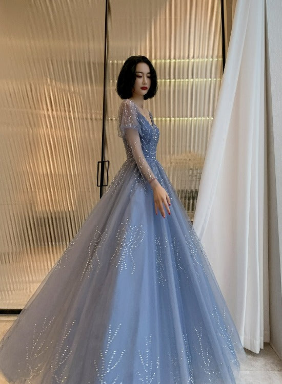 Blue Tulle Beaded Long Formal Dress Party Dress, Beautiful Blue Prom D – Cutedressy Blue Tulle Beaded Long Formal Dress Party Dress, Beautiful Blue Prom D – Cutedressy