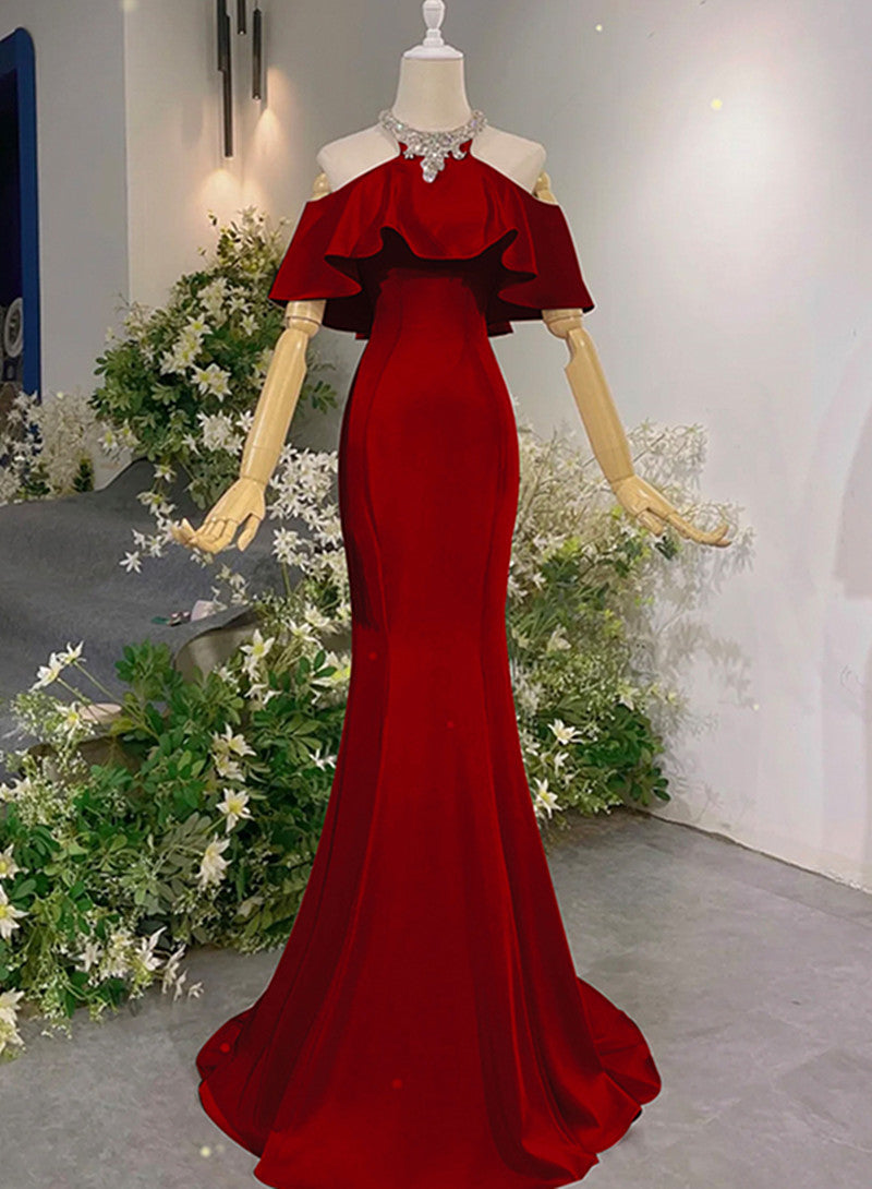 Wine Red Mermaid Off Shoulder Halter Neckline Party Dress, Wine Red Ev Wine Red Mermaid Off Shoulder Halter Neckline Party Dress, Wine Red Ev
