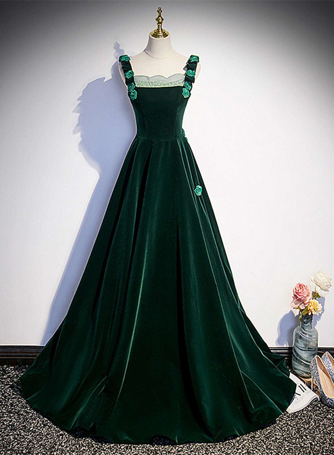 white christmas dresses Dark Green Velvet Straps Long Formal Dress with Flowers, Green Evening Cutedressy white christmas dresses Dark Green Velvet Straps Long Formal Dress with Flowers, Green Evening Cutedressy