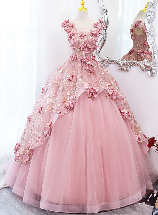 Lovely Pink Tulle Long Party Dress with Flowers, Pink Tulle Sweet 16 G Lovely Pink Tulle Long Party Dress with Flowers, Pink Tulle Sweet 16 G