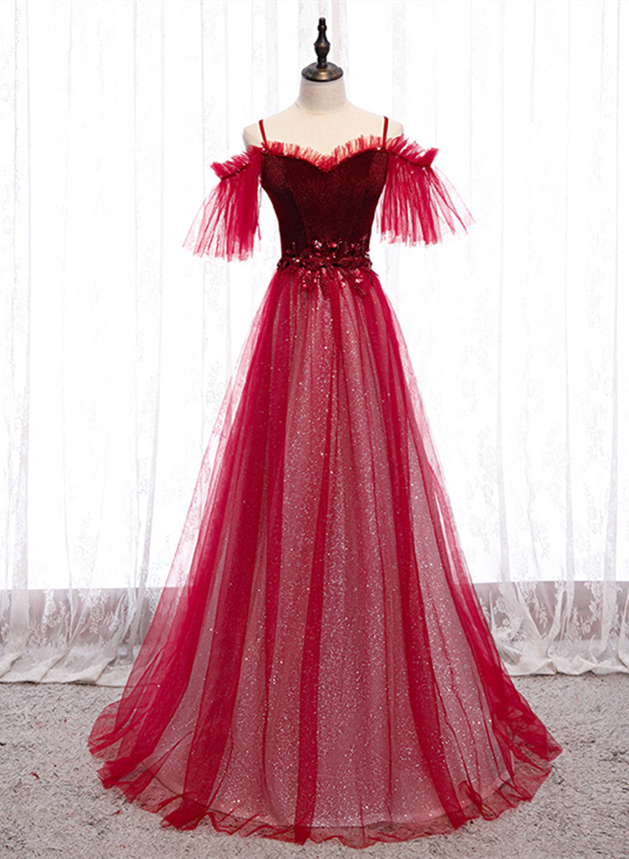 Red A-line Floor Length Off Shoulder Long Prom Dress, Red Long Evening