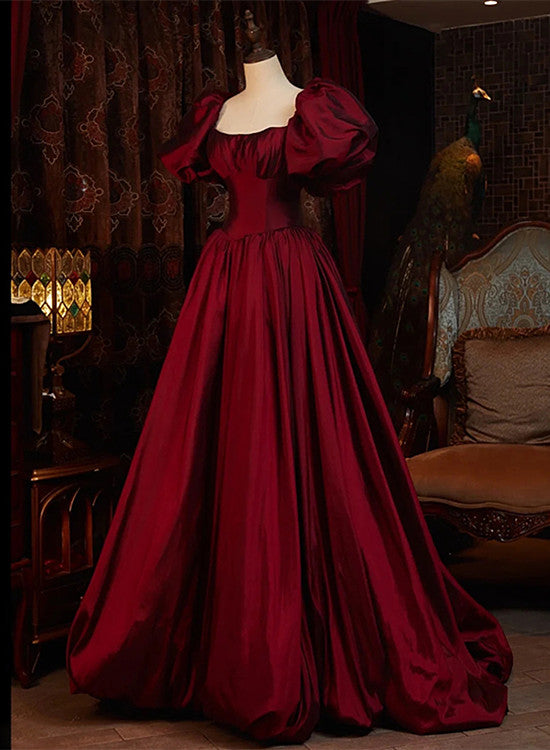 Wine Red Short Sleeves Floor Length Long Evening Dresses, Ball Gown Fo Wine Red Short Sleeves Floor Length Long Evening Dresses, Ball Gown Fo