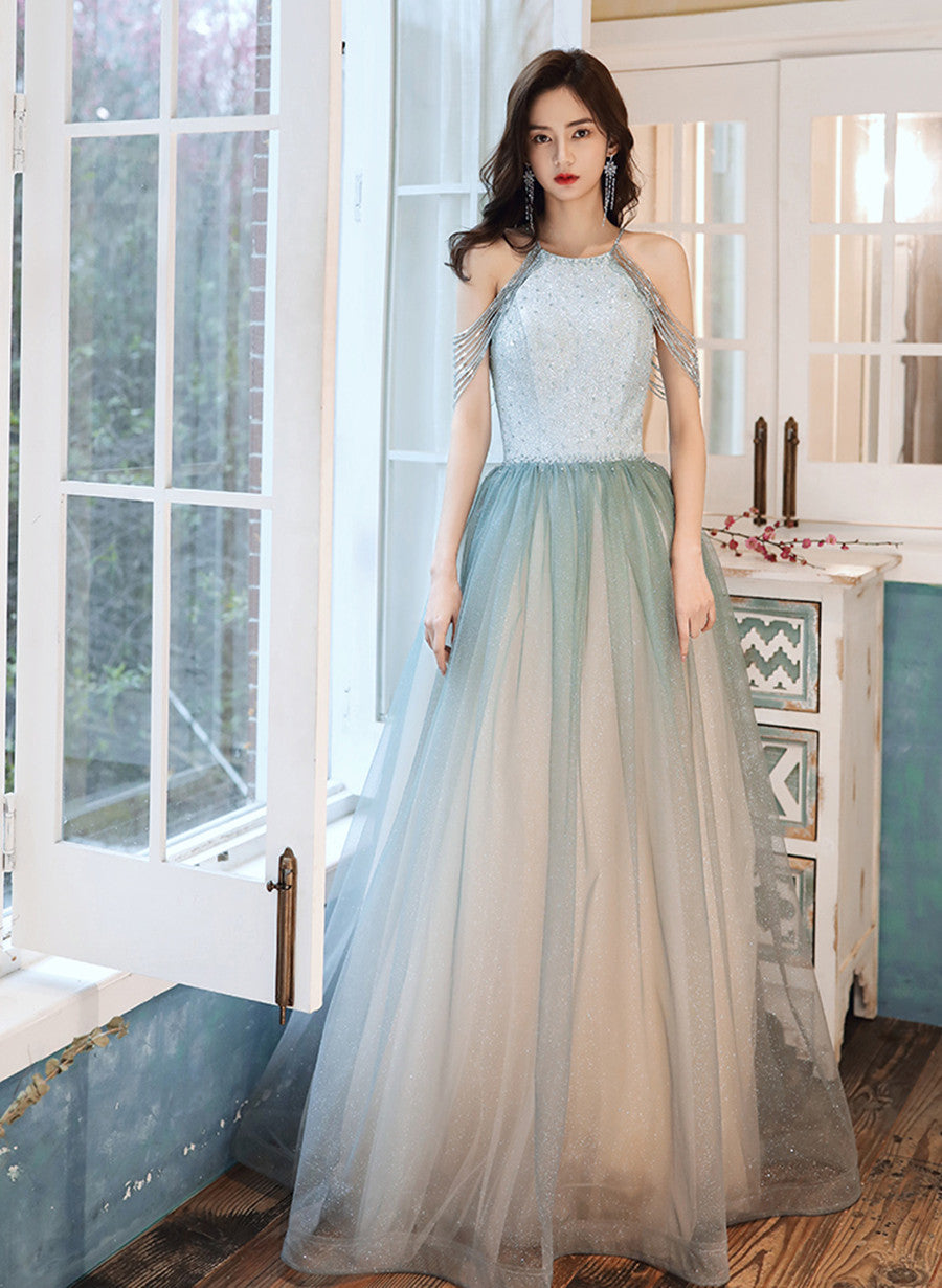 Shiny Light Green Tulle Long Halter Neckline Party Dress, A-line Gradi Shiny Light Green Tulle Long Halter Neckline Party Dress, A-line Gradi