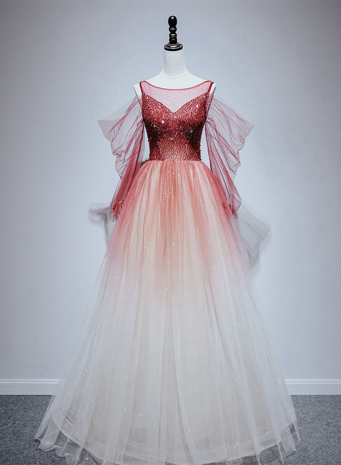 Red Gradient Beaded Tulle A-line Long Formal Dress, Red Junior Prom Dr Cutedressy Red Gradient Beaded Tulle A-line Long Formal Dress, Red Junior Prom Dr Cutedressy
