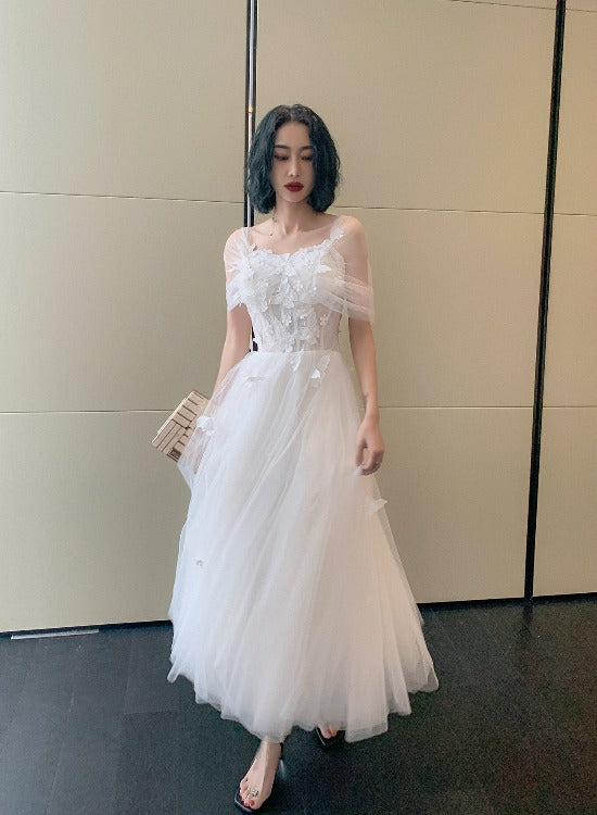 Cute White Tulle Tea length Off Shoulder Princess Party Dress, Lovely Cutedressy Cute White Tulle Tea length Off Shoulder Princess Party Dress, Lovely Cutedressy