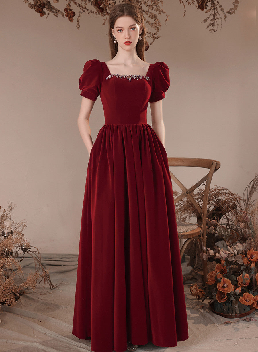 Wine Red Short Sleeves Velvet Long Party Dress, A-line Wine Red Formal – Cutedressy Wine Red Short Sleeves Velvet Long Party Dress, A-line Wine Red Formal – Cutedressy