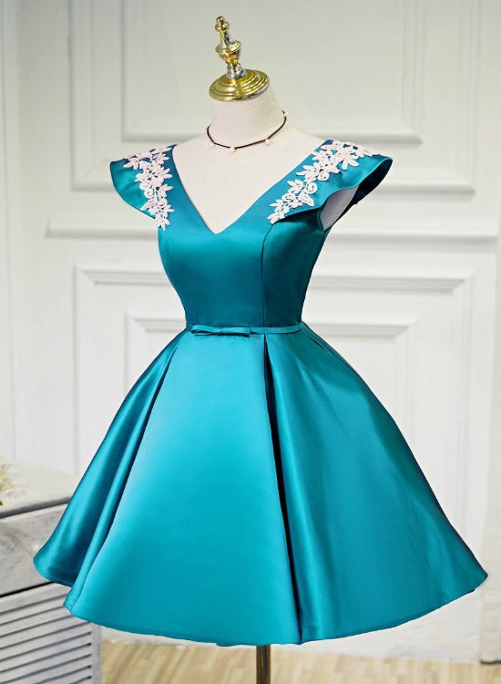 Teal Blue Satin Short Party Dress with White Lace, Blue Homecoming Dre Cutedressy Teal Blue Satin Short Party Dress with White Lace, Blue Homecoming Dre Cutedressy