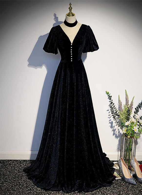 Long Velvet V-neckline Floor Length Prom Dresses, Black Evening Weddin Cutedressy Long Velvet V-neckline Floor Length Prom Dresses, Black Evening Weddin Cutedressy